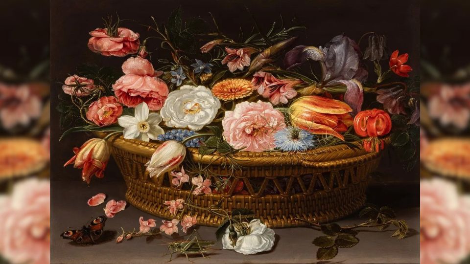Still life of roses, carnations, tulips, narcissi, irises, love-in-a-mist, larkspur, and other flowers, in a wicker basket, with a butterfly and a cricket