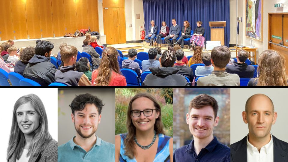 A collage of six images, one at the top showing a panel discussion with a large student audience, and the other five are portraits of three men and two women smiling at the camera.