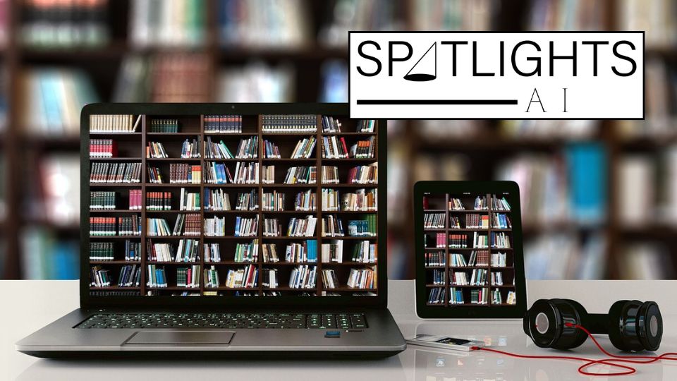 Laptop and tablet on a desk in a library, mirroring the library stacks on the screens