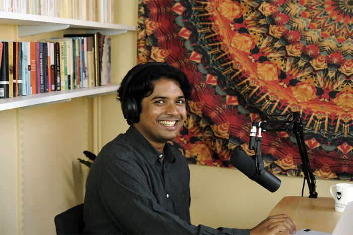 Podcast host Siam on the 'Cambridge from the Inside' podcast set.