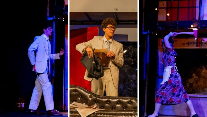 Three images from a stage performance showing a performer in different scenes: walking across a lit stage in a light‑coloured suit, standing indoors holding a bag beside a sofa, and moving across the stage in patterned clothing under theatrical lighting.