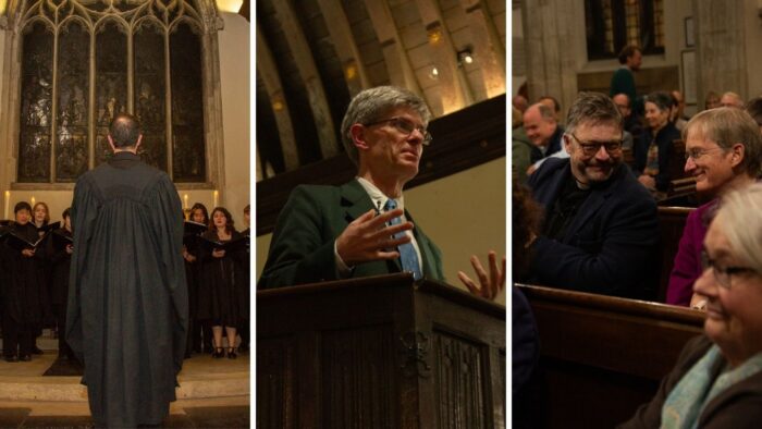 Three images showing an event inside a chapel: a choir standing beneath arched architecture, a speaker at a lectern addressing an audience, and attendees seated in wooden pews in conversation.