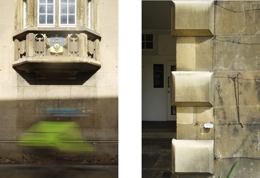 Diptych. Left: an ornate stone oriel window above a college passageway, with a blurred cyclist passing in the foreground. Right: a section of stone wall with exposed cabling and a doorway recessed in shadow.