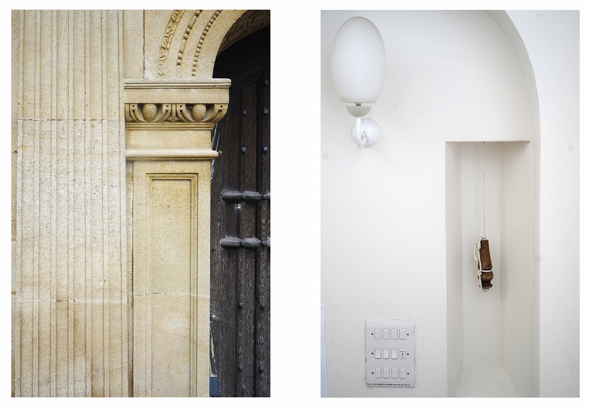 Diptych showing decorative stonework and a wooden doorway alongside a white interior wall with an arched niche, wall light, and switch panel.