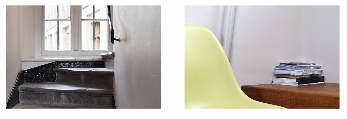 Diptych showing a stairway leading to a window and a close-up of a pale green chair beside a wooden surface with a stack of books.