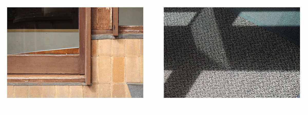 Close-up diptych showing a wooden door frame set in a tiled wall alongside a section of patterned carpet crossed by strong diagonal shadows.