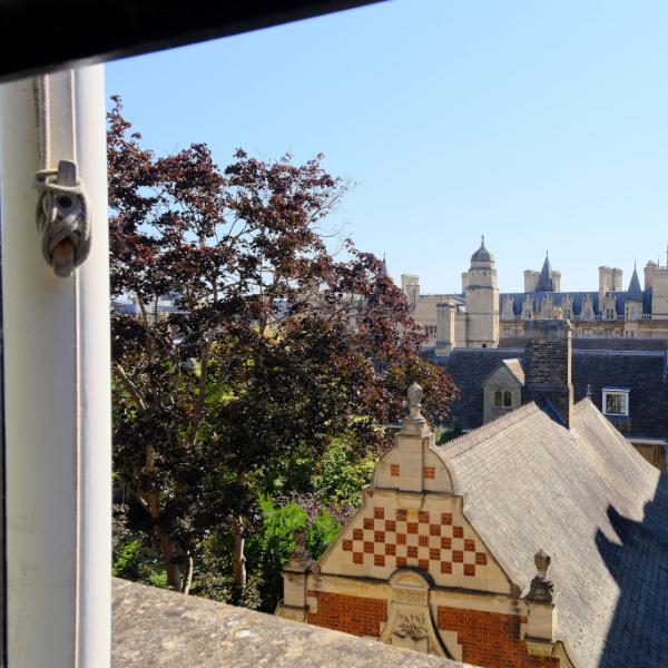 View from a window across college rooftops and trees, with historic Cambridge buildings and towers visible in the distance under a clear blue sky.