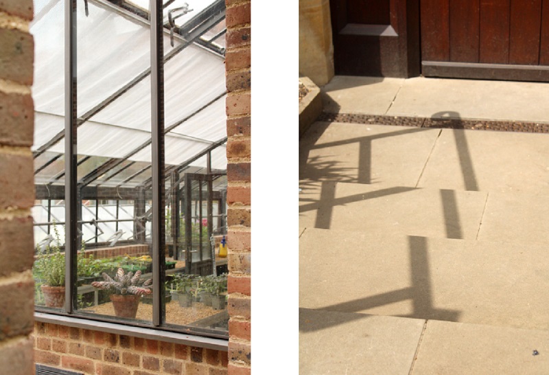 Diptych. Left: a greenhouse viewed through large glass panels, with potted plants visible inside. Right: geometric shadows cast across a sunlit stone path leading to a wooden door.