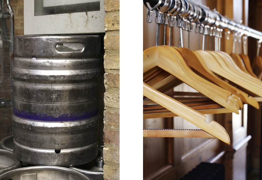 Diptych. Left: a metal beer keg stored among catering equipment beside a brick wall. Right: a row of wooden coat hangers hanging from a chrome clothes rail.