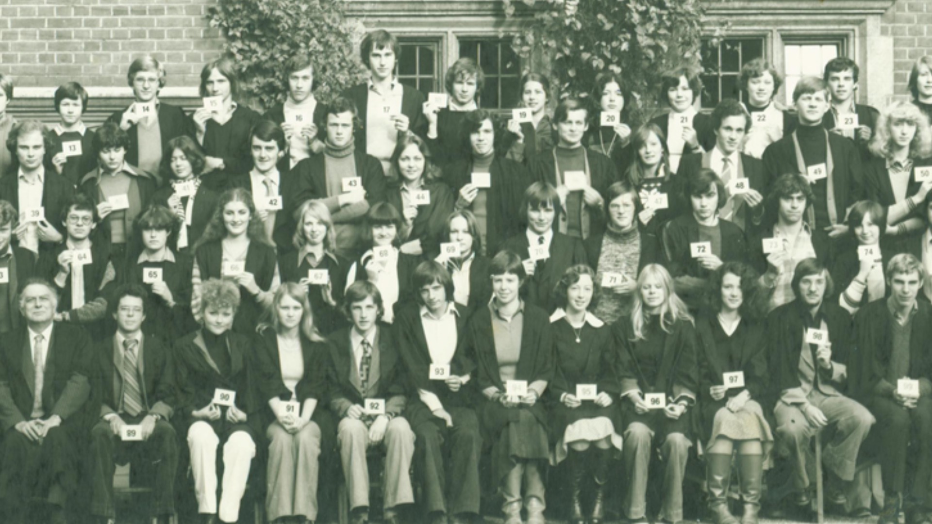 Students lined up in rows for the 1977 matriculation photograph at Trinity Hall.