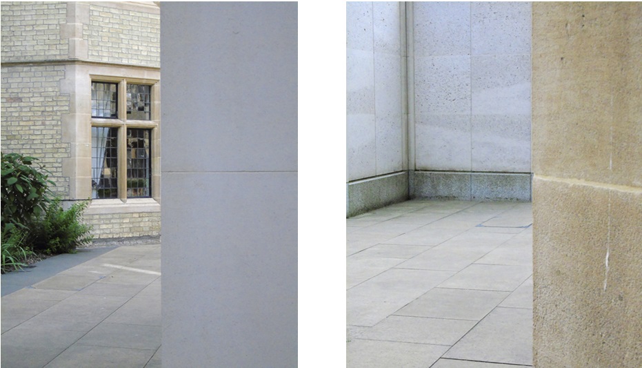 Diptych. Left: a college courtyard partially obscured by a large stone column, with a leaded window visible beyond. Right: a quiet corner formed by pale stone walls and paving slabs.