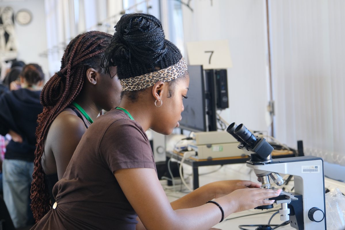 Two You'll Fit In students use a microscope during a laboratory visit.
