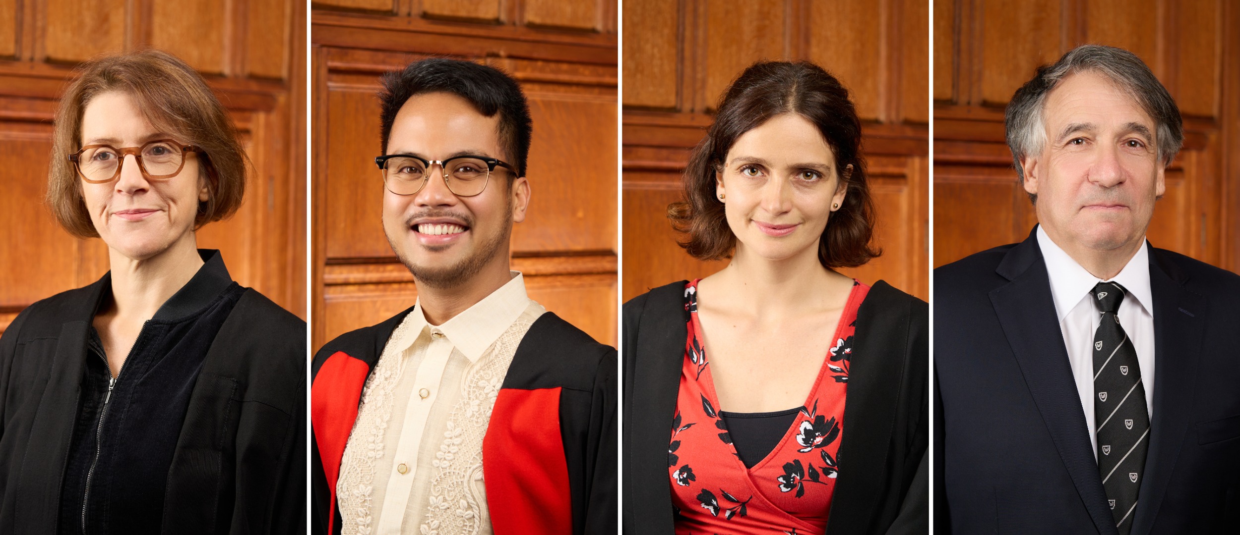 Four headshots showing new Fellows at Trinity Hall in their formal outfits. Left to right you have Dr Emily Senior, Dr Jethro Calacday, Dr Katherine Schon and Mr Jonathan Klein.