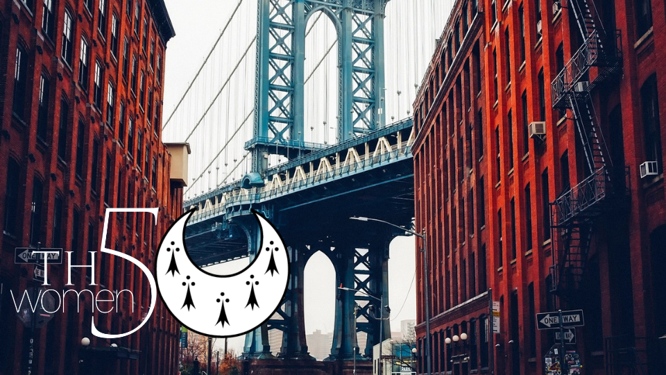 Image of New York with a bridge and building and the THwomen50 logo